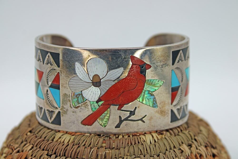 A.D. Banteah Sterling Silver Carved Cardinal Inlay Cuff Bracelet